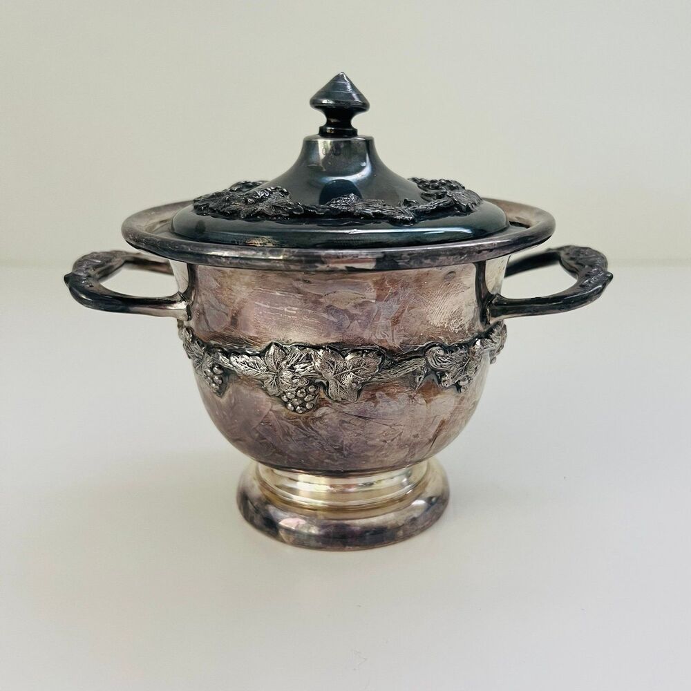 Victorian Silver Plated Ornate Grape & Vine Sugar Serving Bowl With Lid
